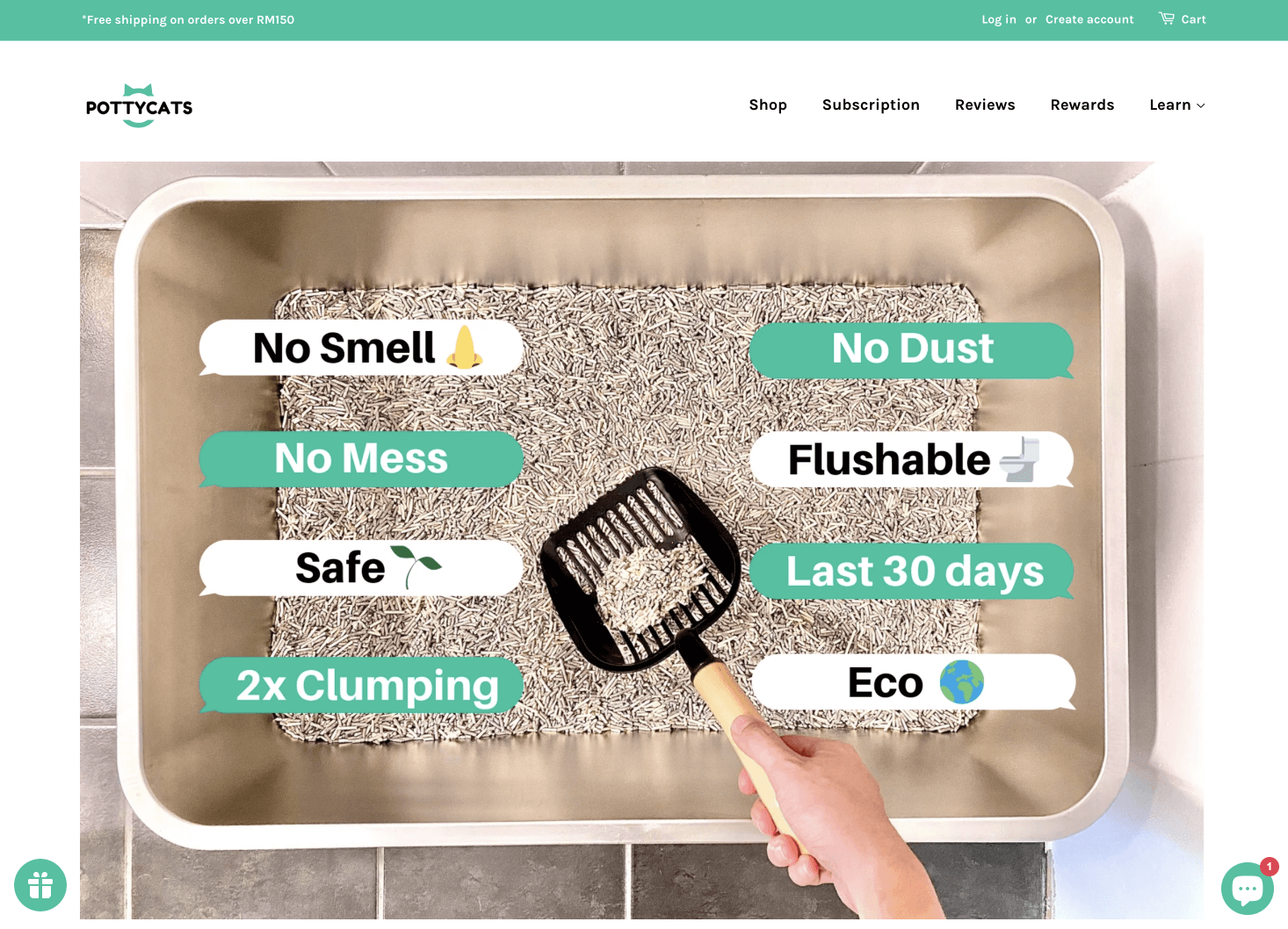 Ein Screenshot von der Homepage von Pottycat zeigt die Katzenstreu mit den folgenden hervorgehobenen Vorteilen: kein Geruch, keine Verschmutzung, sicher, 2-fache Klumpenbildung, kein Staub, spülbar, hält 30 Tage und ist umweltfreundlich.