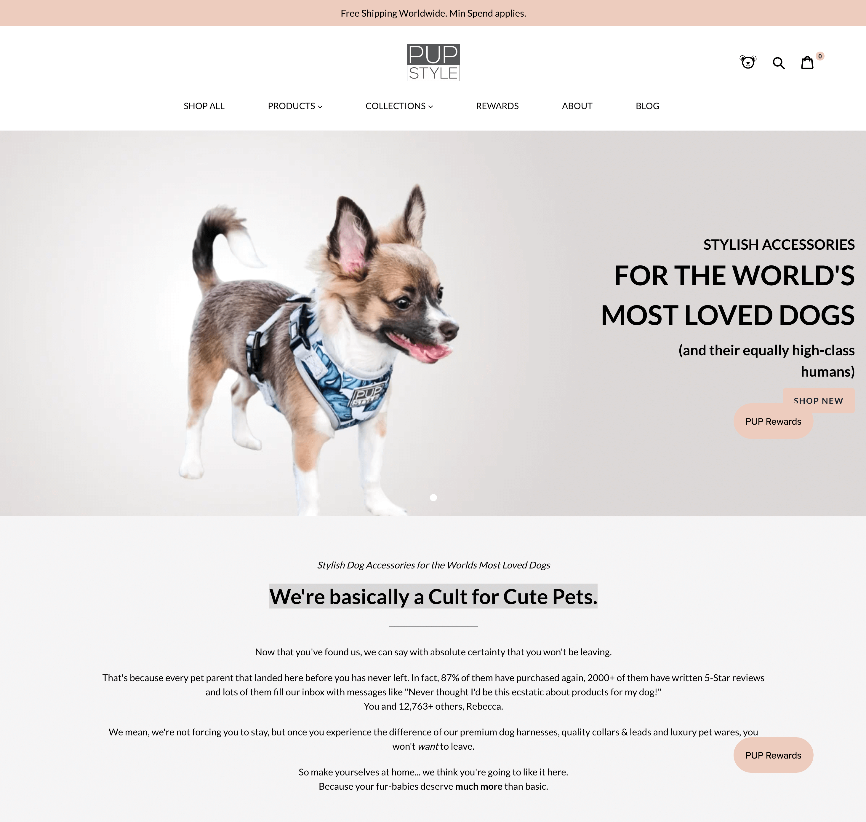 Ein Screenshot der Homepage von PUP Style, der einen kleinen Hund zeigt, der ein Geschirr trägt, neben einer Überschrift mit der Aufschrift: Stilvolle Accessoires für die beliebtesten Hunde der Welt (und ihre ebenso hochkarätigen Menschen). Weiter unten gibt es einen Abschnitt mit der Überschrift: „Wir sind im Grunde eine Sekte für niedliche Haustiere“, in dem die Stammkundenrate der Marke, die Anzahl der 5-Sterne-Bewertungen und die Gesamtkundenzahl als eine Form des sozialen Beweises beschrieben werden.