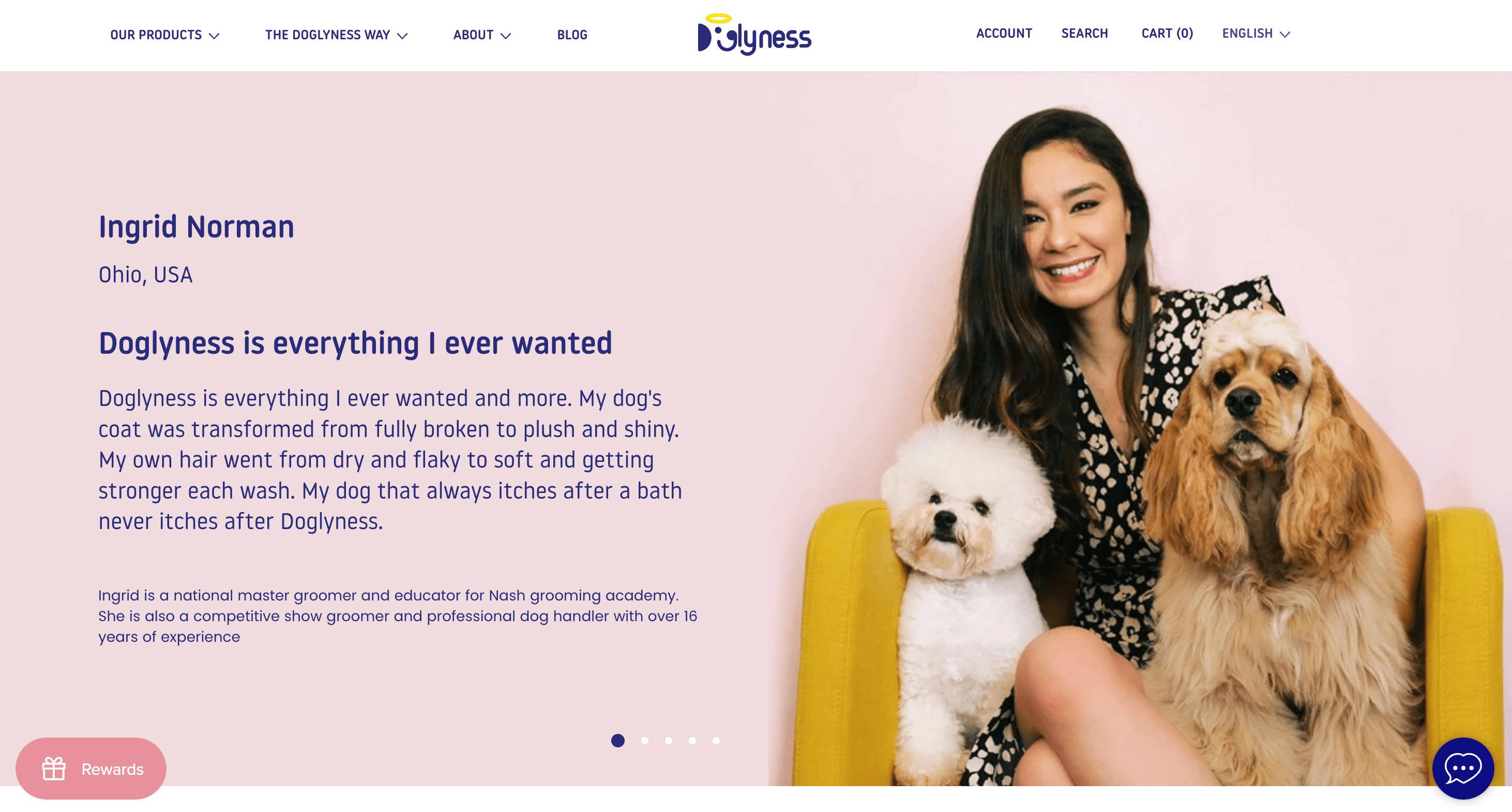 Doglyness 的「快樂客戶」頁面的螢幕截圖顯示了專業美容師的客戶評論。她和兩隻剛打扮好的狗的照片旁邊有一句話。