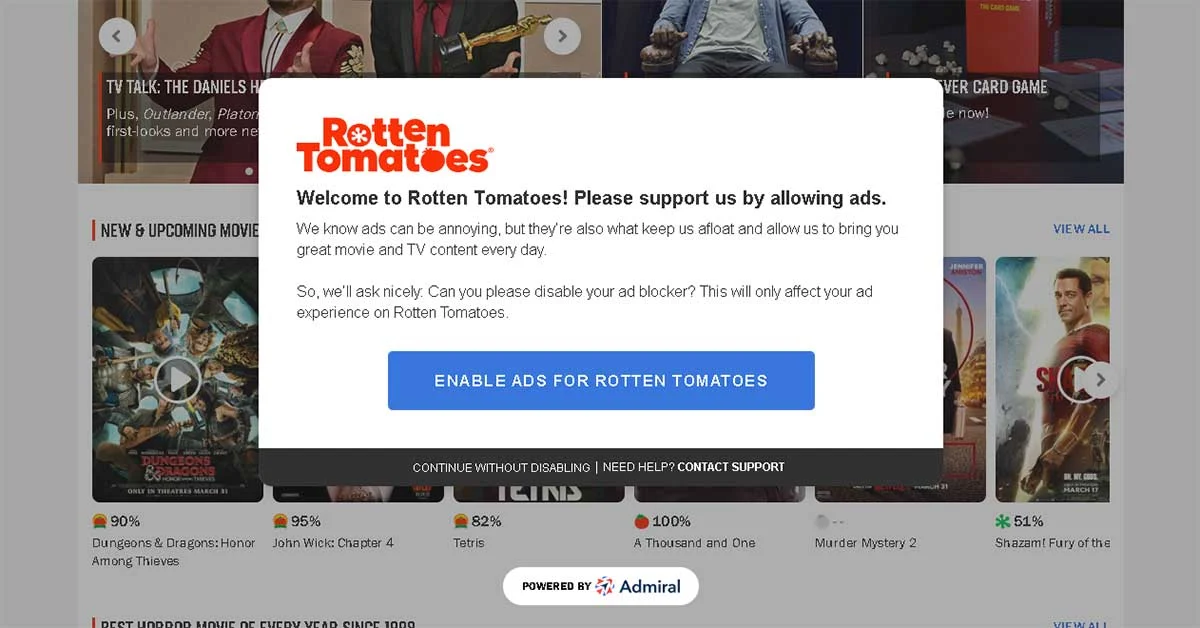 RottenTomatoes は訪問者に広告ブロックを無効にするよう求めています