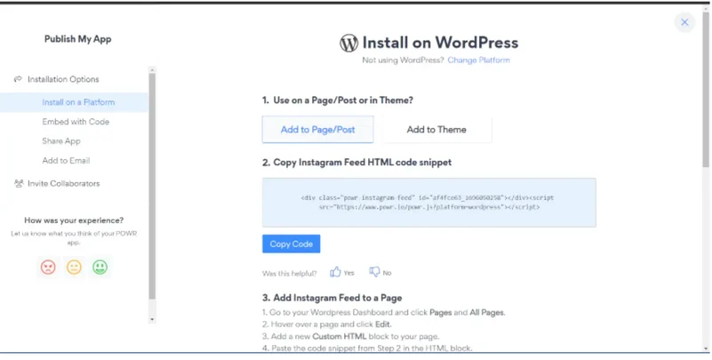 power-instagram-feed-發佈到 WordPress 螢幕