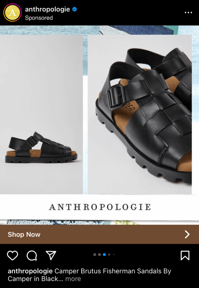 Une autre diapositive dans la publicité carrousel Instagram d'Anthropologie qui présente une paire de sandales en cuir.