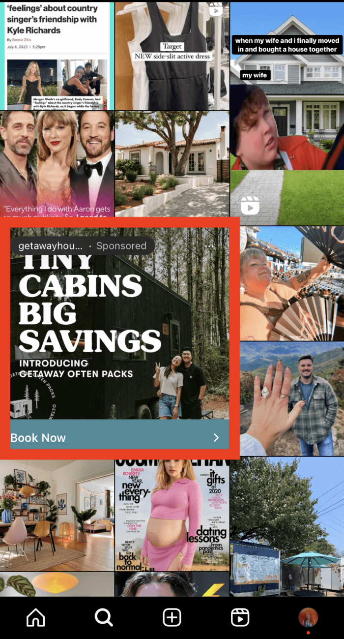 Une publicité Instagram pour réserver votre séjour à Getaway House qui s'affiche au centre de la page Explorer.