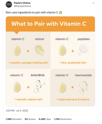 Die Infografik zu diesem Tweet von Paula's Choice macht es sehr einfach zu verstehen, was man mit Vitamin C kombinieren sollte, um unterschiedliche Ergebnisse zu erzielen.