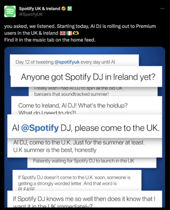 AI DJを求めるフォロワーに対するSpotifyの返答には、この機能を求めるユーザーのスクリーンショットが含まれている。