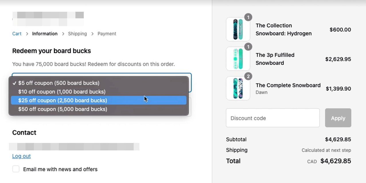 Une capture d'écran de l'extension de paiement pour l'échange de points sur un exemple de page de paiement Shopify Plus. Il affiche une liste déroulante des récompenses éligibles et le nombre de points nécessaires pour chacune.