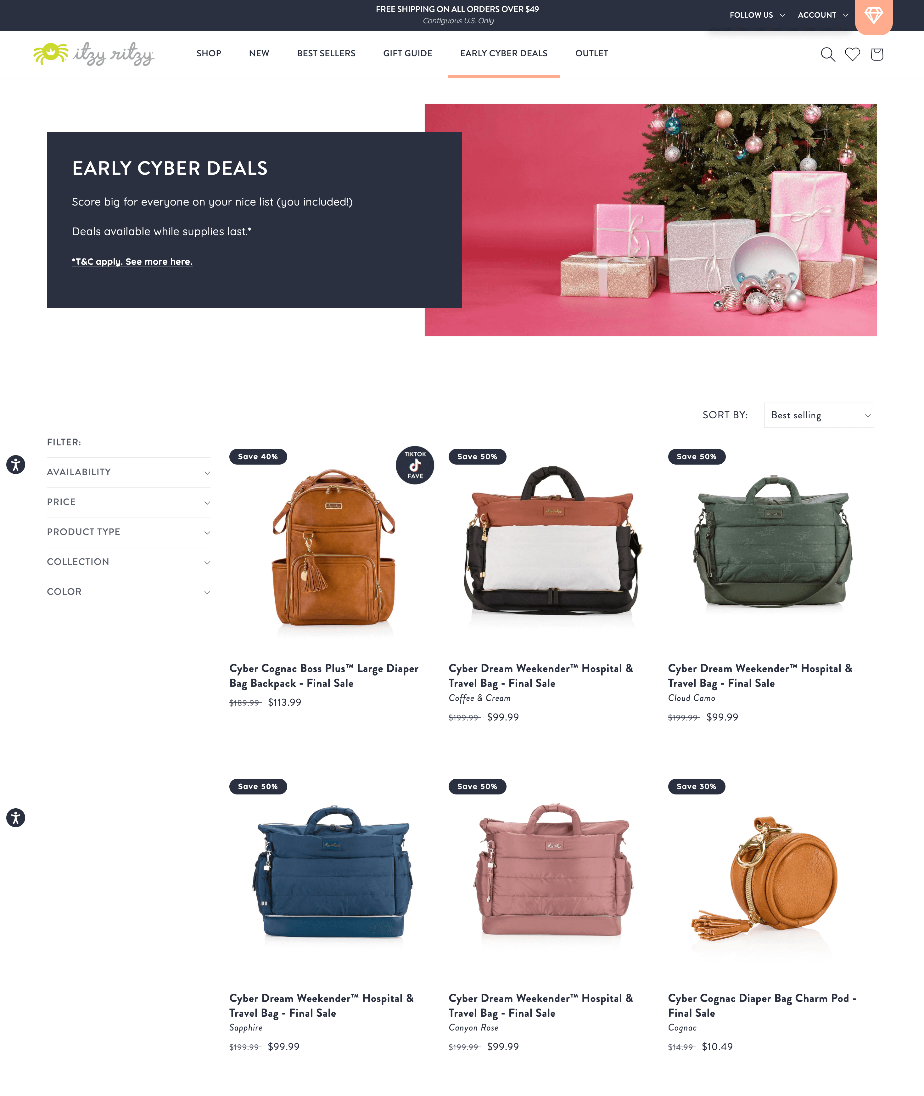 Une capture d'écran de la page Early Cyber ​​Deals d'Itzy Ritzy sur son site Web. Il affiche une page de catalogue de produits de certains de ses best-sellers qui bénéficient d'une réduction pour le Black Friday Cyber ​​Monday.