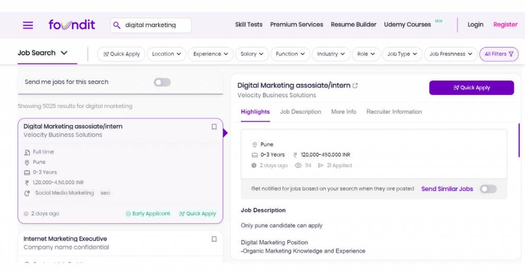 Tableau de bord Foundit affichant les emplois pour le marketing numérique