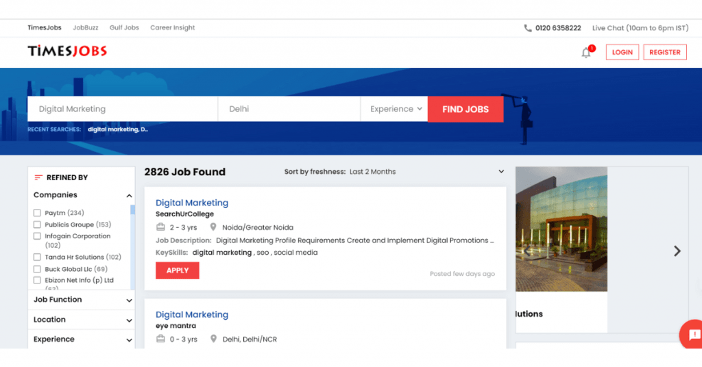 Capture d'écran du site Web Timesjobs montrant le travail de marketing numérique