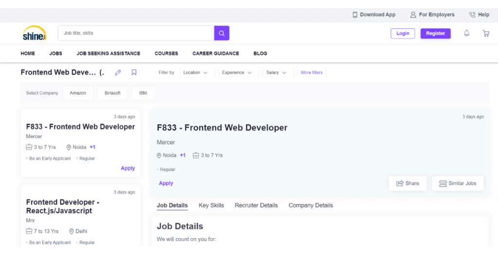 Capture d'écran du site Web Shine.com montrant les emplois pour un développeur Web front-end