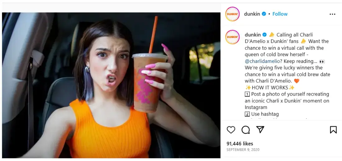 dunkin-donuts-instagram-charlie-damelio-post-captura de tela