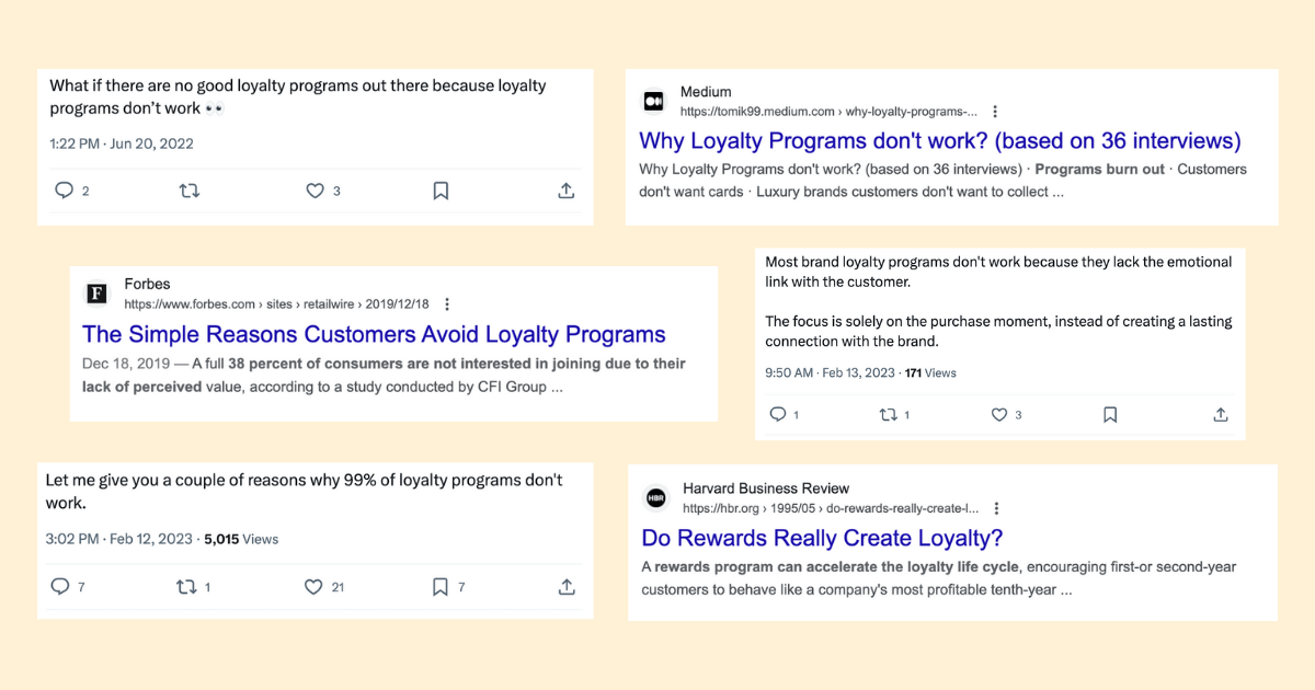 Grafik yang menunjukkan tweet dan artikel online dari Harvard Business Review, Medium, dan Forbes yang menunjukkan sentimen negatif terhadap program loyalitas.