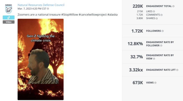NRDC はこの動画にトレンドのミームを使用したため、分析した TikTok 上のすべての非営利団体の動画の中で最も魅力的な動画の 1 つとなりました。