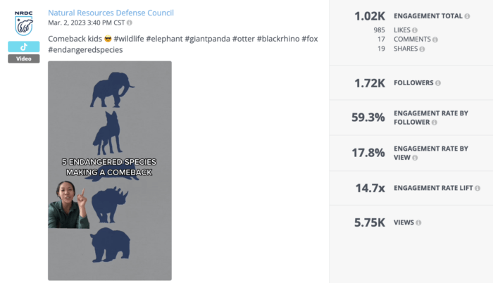 NRDC は、絶滅危惧種の復活について説明するこのような教育的な説明ビデオを作成しています。このようなコンテンツにより、NRDC は TikTok のトップ非営利団体の 1 つとなります。