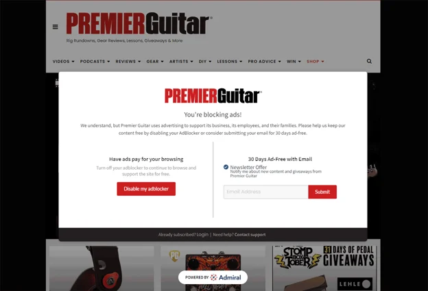 Предложение Premier Guitar без рекламы и антиадблока