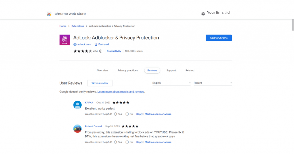 Captură de ecran cu extensia pentru blocarea anunțurilor adlock care arată evaluarea și recenziile