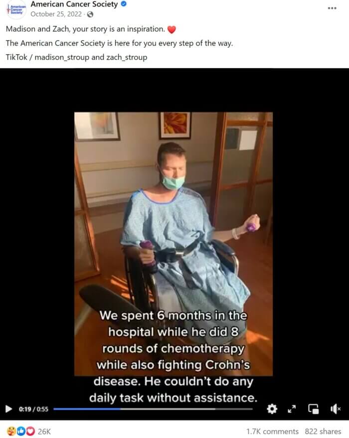 Inspirationsvideo auf der Facebook-Seite der gemeinnützigen American Cancer Society, das die Krebsreise von Zach Stroup detailliert beschreibt.