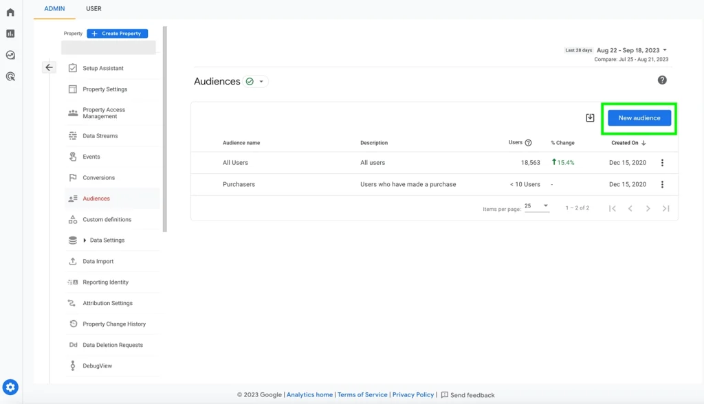 O captură de ecran a unui tablou de bord Google Analytics 4 care evidențiază caseta „Public nou”