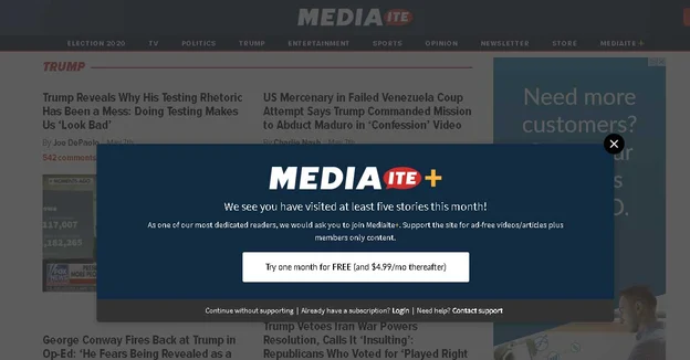 Schermata del Paywall abbonamento Mediaite