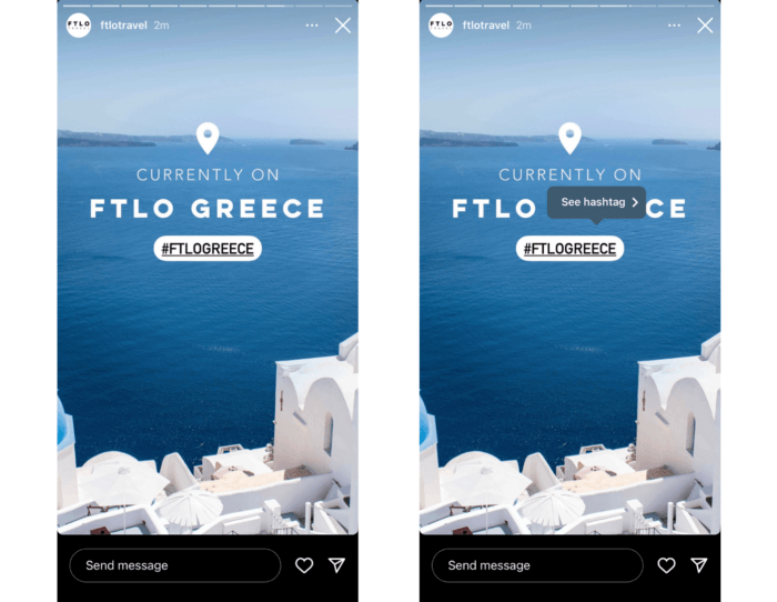 Instagram ストーリーは、ギリシャの海岸線の素晴らしい画像に対する位置ステッカーとハッシュタグ #ftlogreece で構成されています