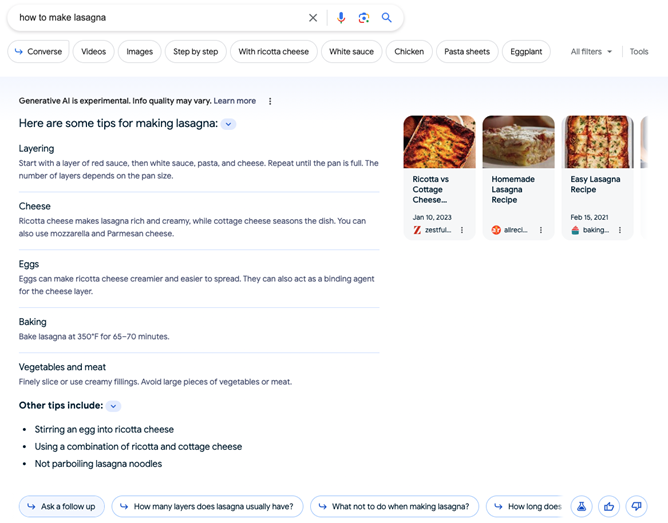 Wynik wyszukiwania Google SGE dotyczący przygotowania lasagne