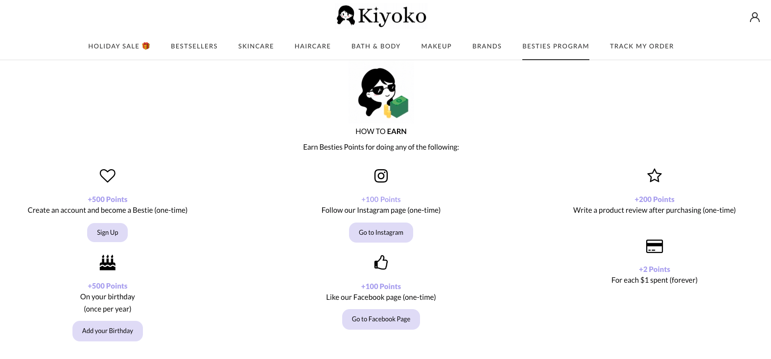 Une capture d'écran de la page explicative du programme de fidélité Besties de Kiyoko Beauty montrant 5 façons de gagner des points.