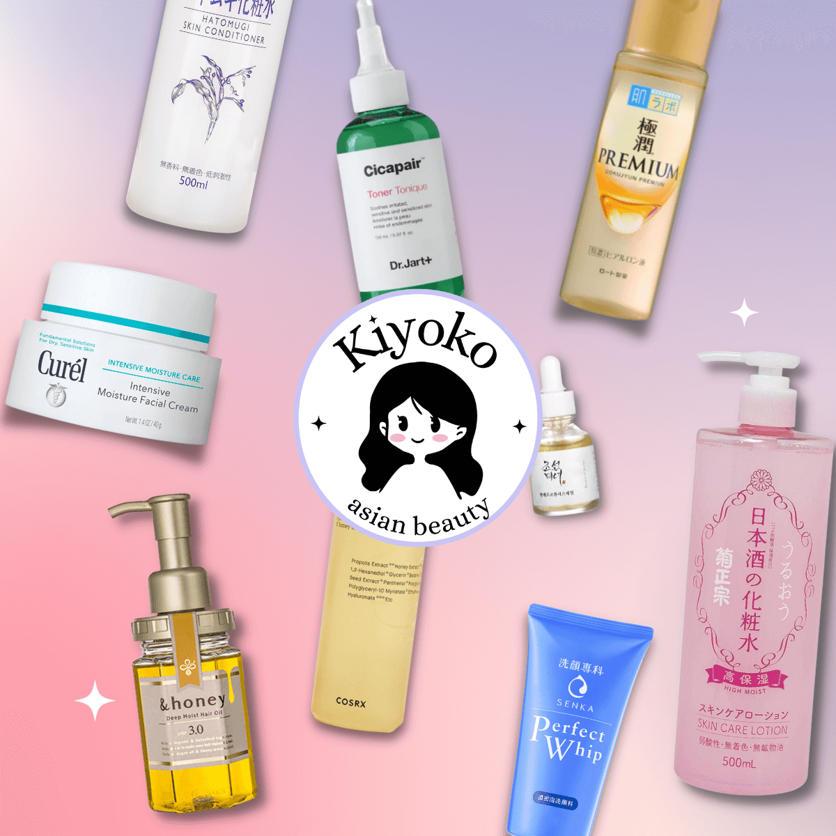 Uma imagem de marca mostrando vários produtos de beleza coreanos e japoneses em um fundo rosa gradiente com o logotipo da Kiyoko Beauty no meio.