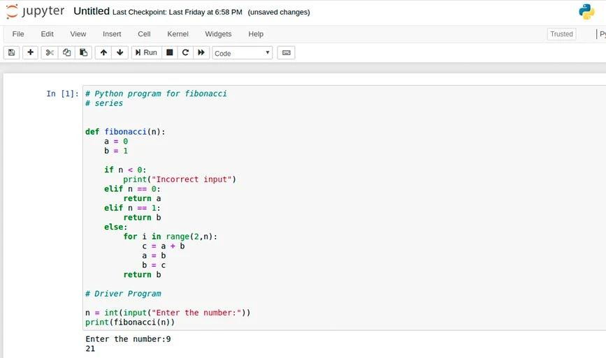 Wynik użycia komórek w Jupyter: komórka kodu