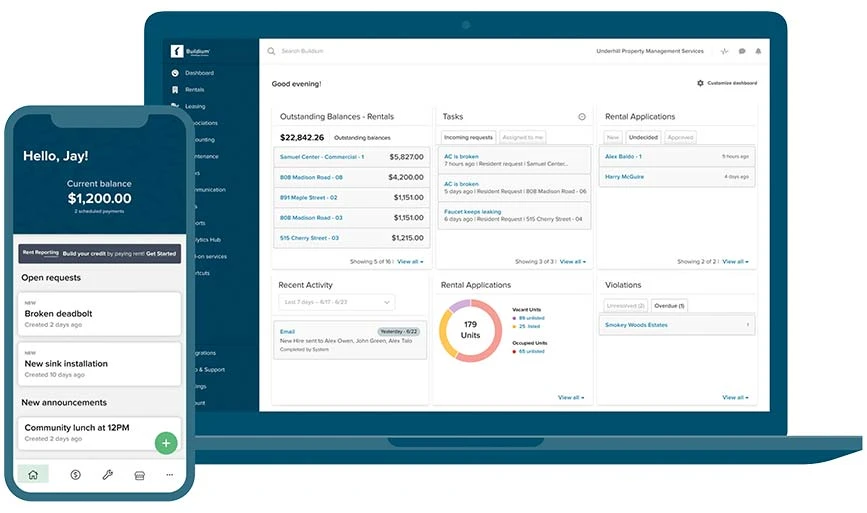 Painel do software de gerenciamento de propriedades de aluguel Buildium