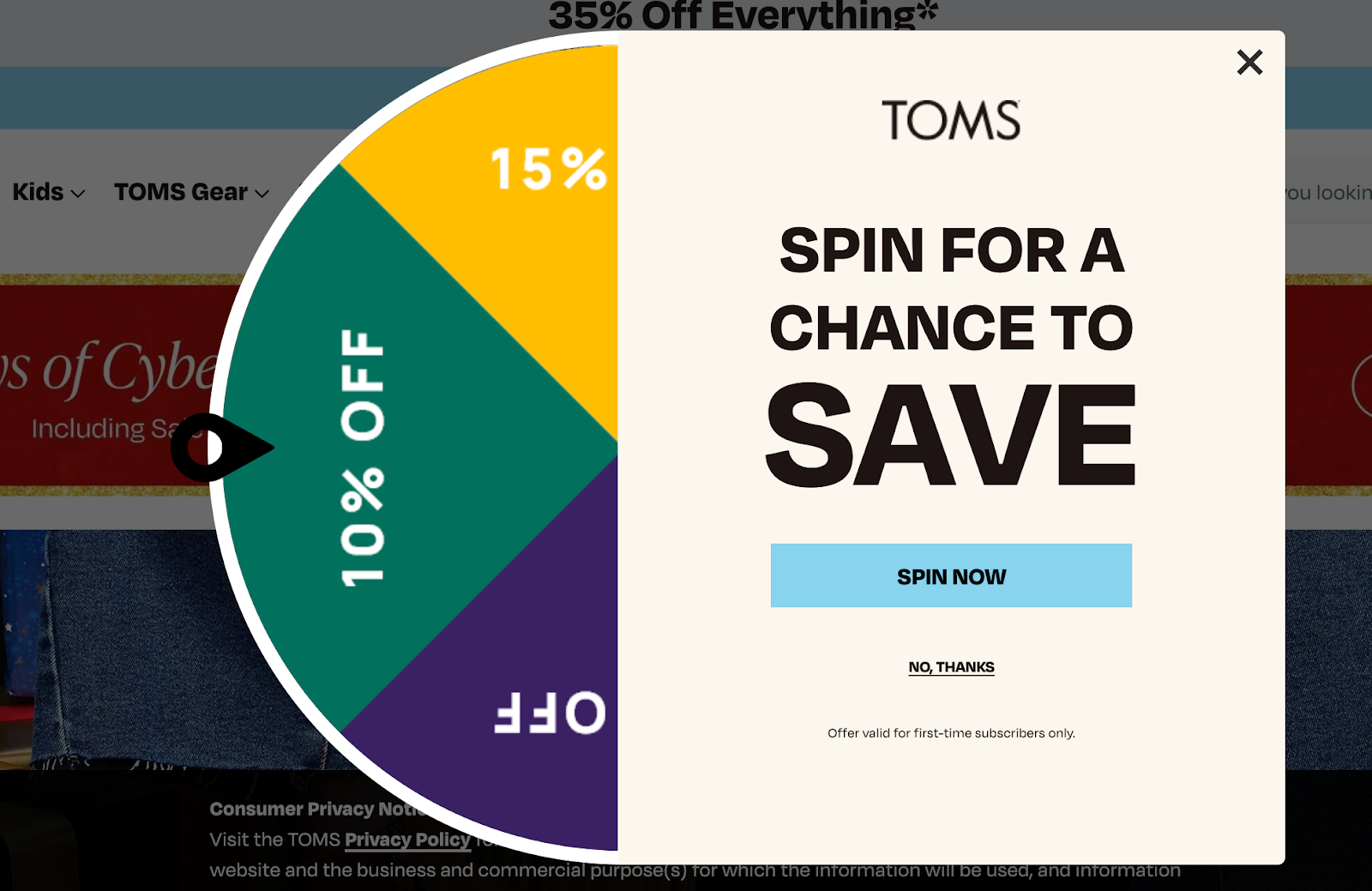 captura de tela da página do site TOMS usando campanhas de gamificação