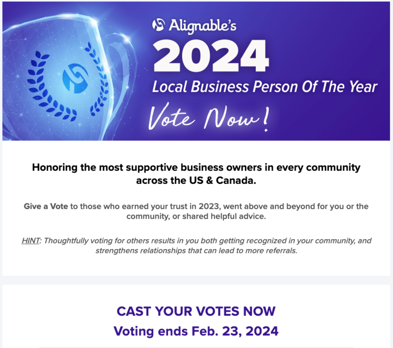 Example of a landing page in Alignable's 2024 Local Business Person Of The Year Contest