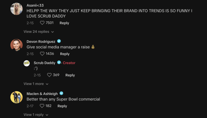 Les commentaires sur la tendance TikTok de Scrub Daddy incluent la demande à la marque d'accorder une augmentation à son responsable des médias sociaux.