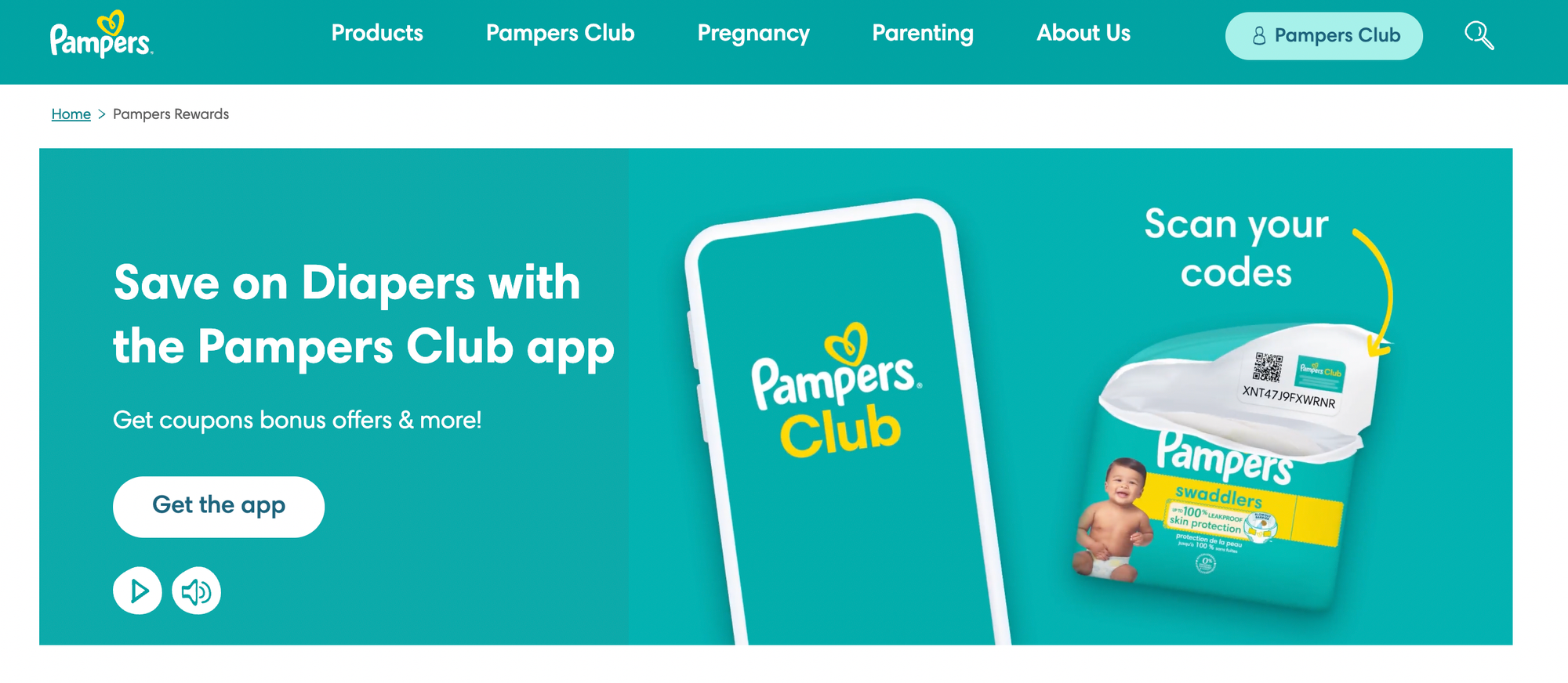 Скриншот веб-сайта Pampers Club с приложением