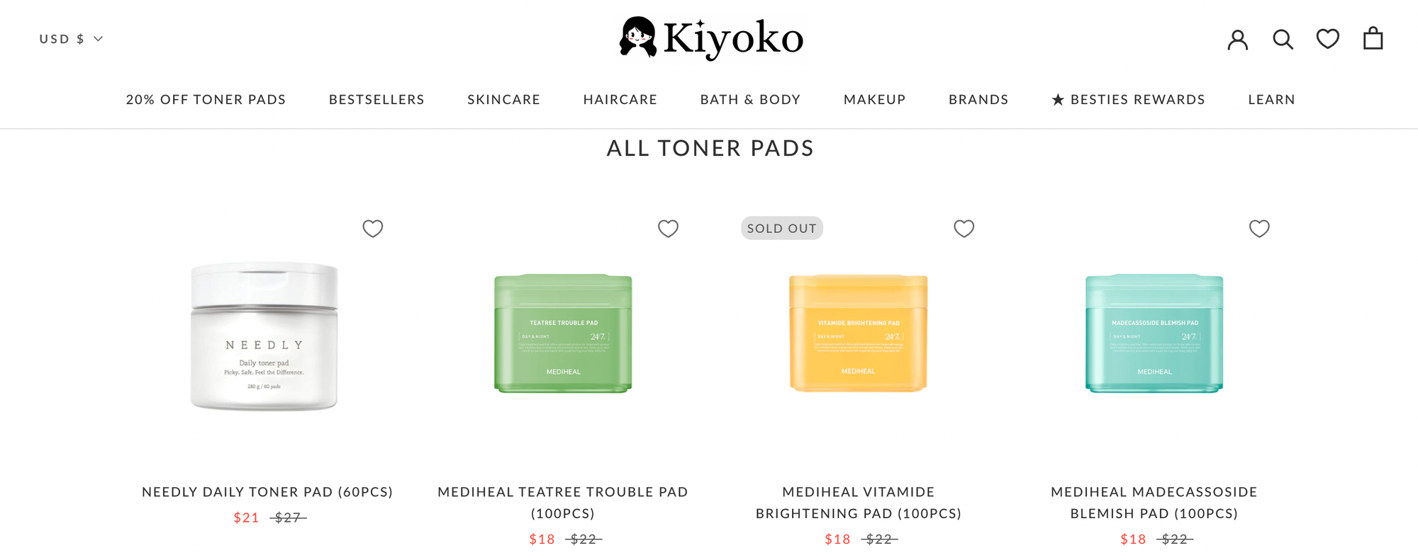 capture d'écran des produits de beauté Kiyoko