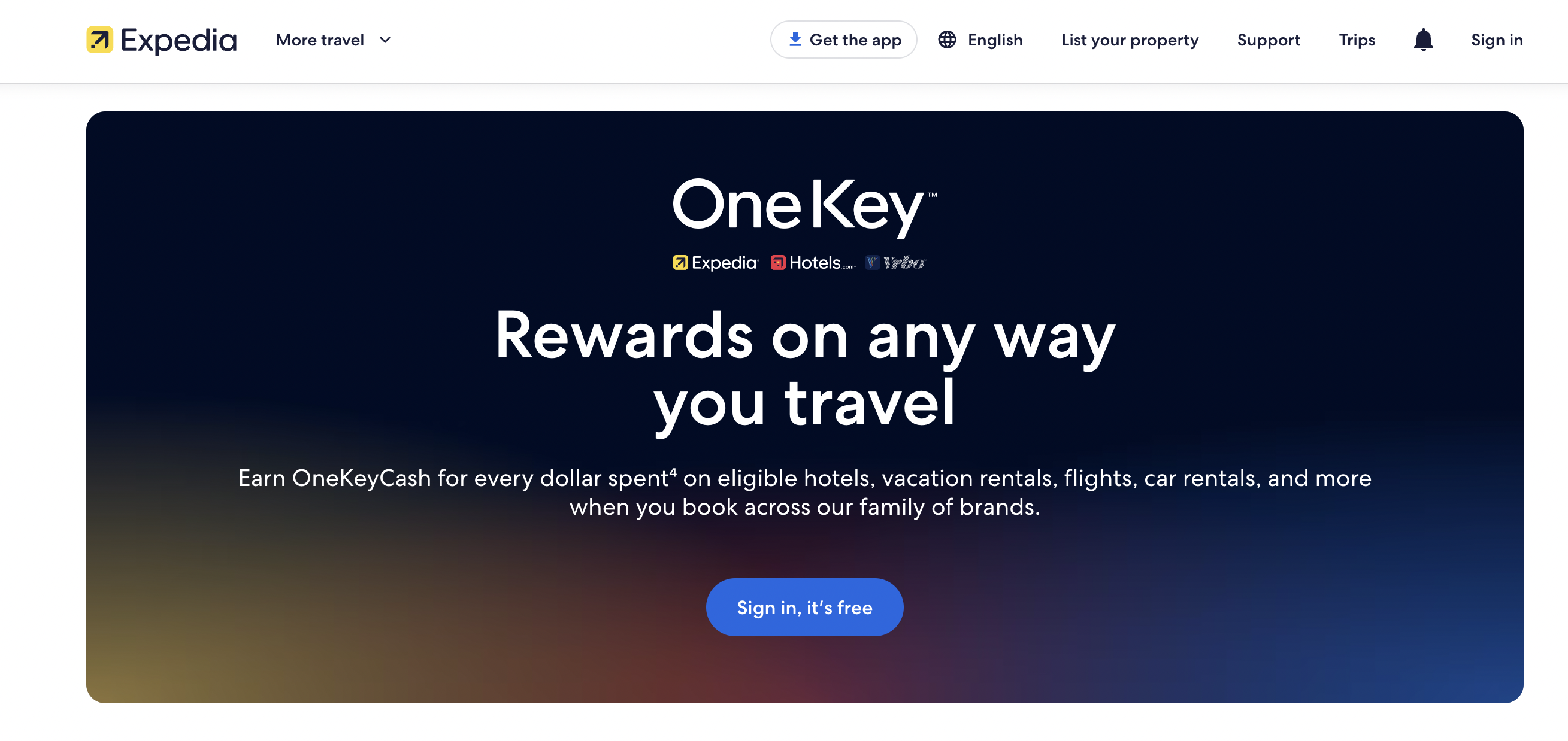 captură de ecran a paginii de destinație a recompenselor expedia one key