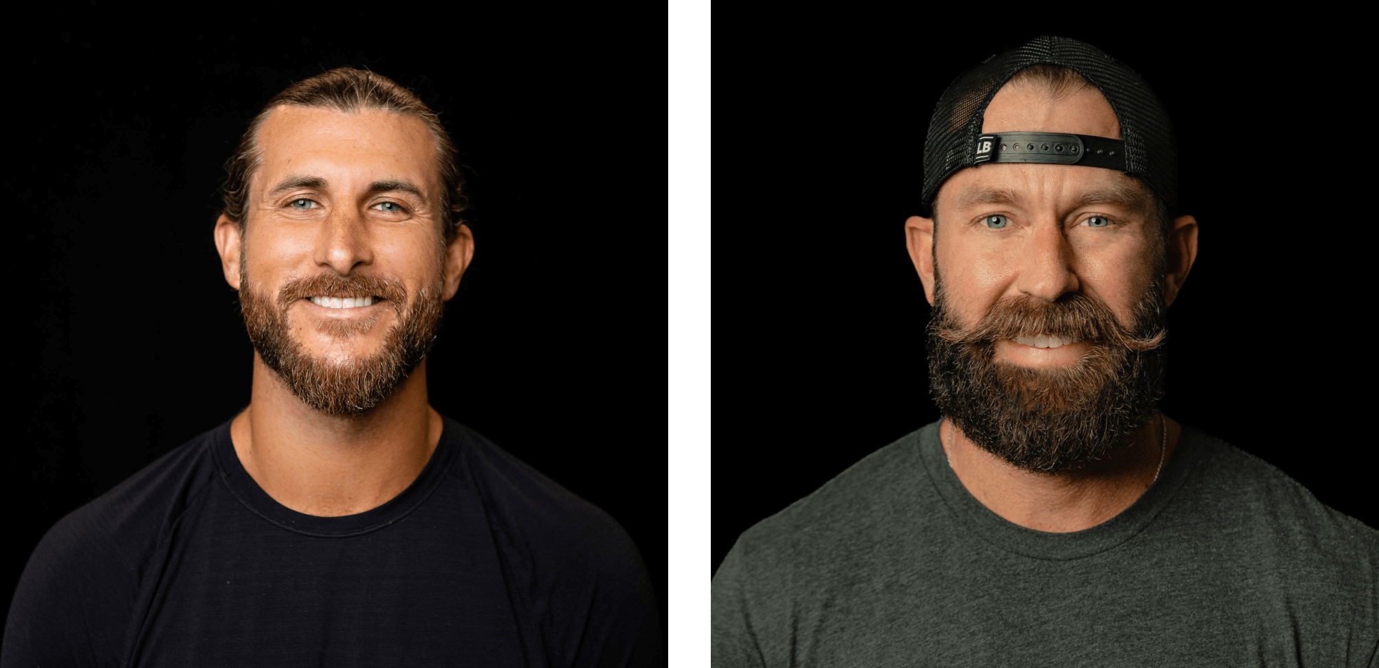 Colpi alla testa fianco a fianco dei fondatori di Live Bearded Anthony Mink e Spencer Davis. Sorridono davanti a uno sfondo nero ed entrambi hanno barba e baffi.