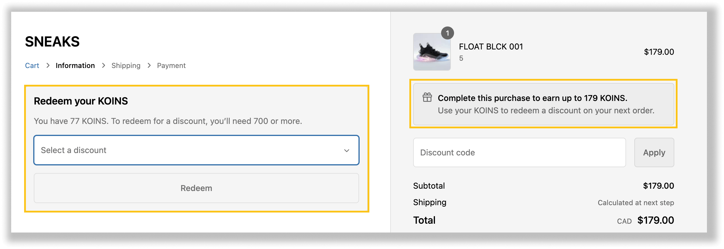 2 つのアプリ ブロックを強調表示した Shopify チェックアウト ページのスクリーンショット。 1 つは、割引を利用するにはあと何ポイント必要かを顧客に通知するもので、もう 1 つは、その購入で獲得できるポイントを表示するものです。