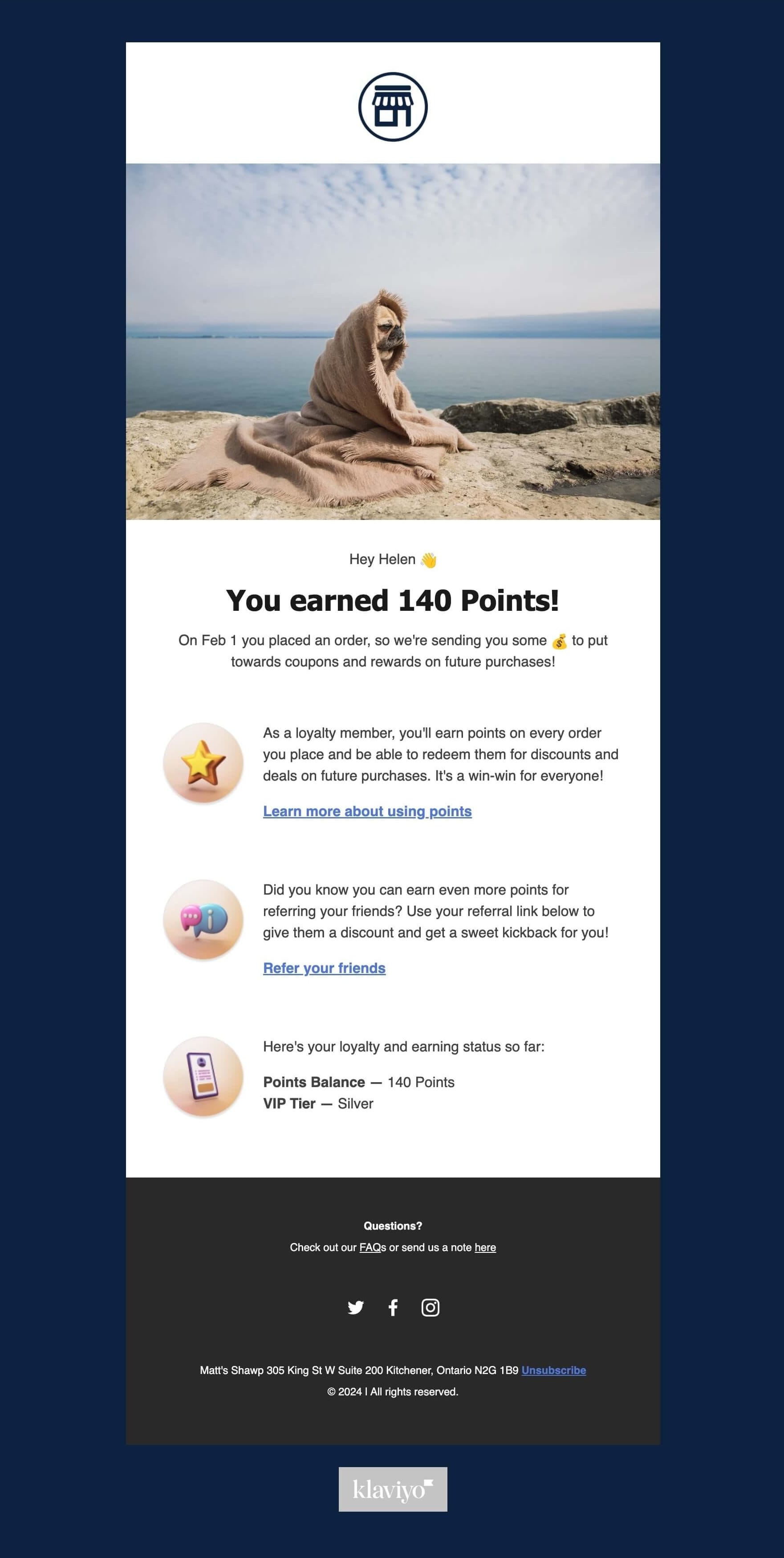 Uno screenshot di un'e-mail inviata a Klaviyo che indica ai clienti quanti punti hanno guadagnato con il loro acquisto.