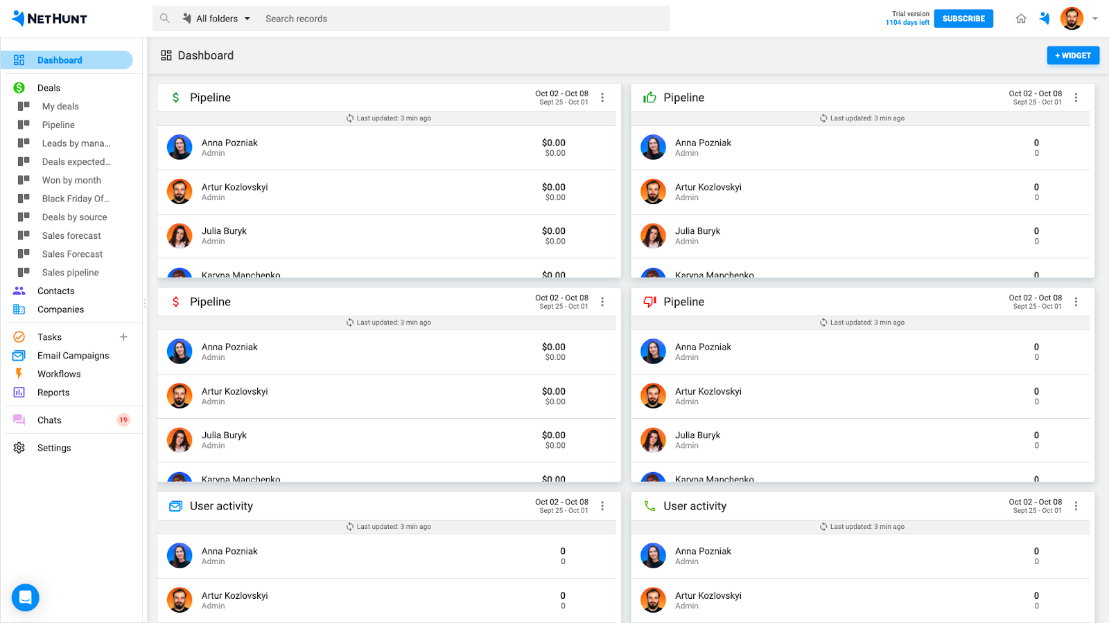 Interfața utilizator NetHunt CRM: Pipedrive vs Salesmate, comparație