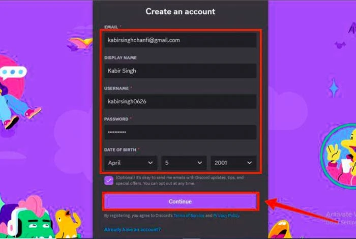 Discord kontrol panelinde Hesap Oluştur