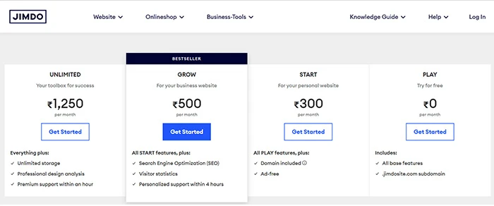 Plan de precios Jimdo en India