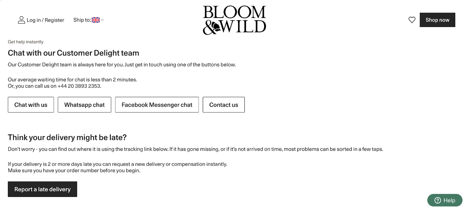 Bloom & Wild propose plusieurs options de contact.