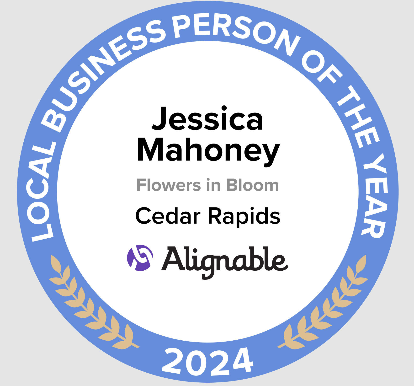 Example of Alignable's 2024 Winner's Badge for Local Business Person Of The Year Contest