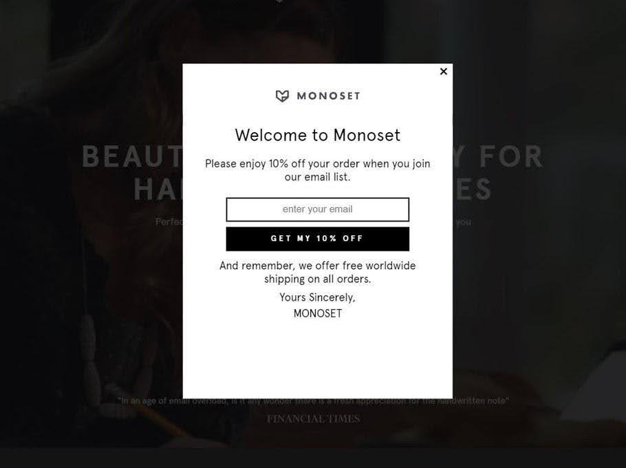 Il popup di attivazione di Monoset ha un CTA chiaro