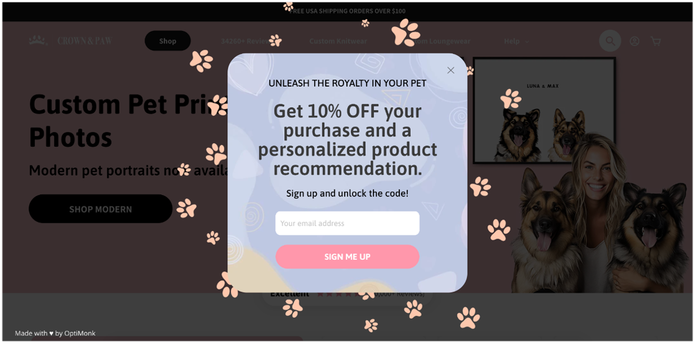 La première étape des popups segmentaires de Crown et Paw invite les visiteurs à recevoir une recommandation de produit personnalisée à 10 de réduction