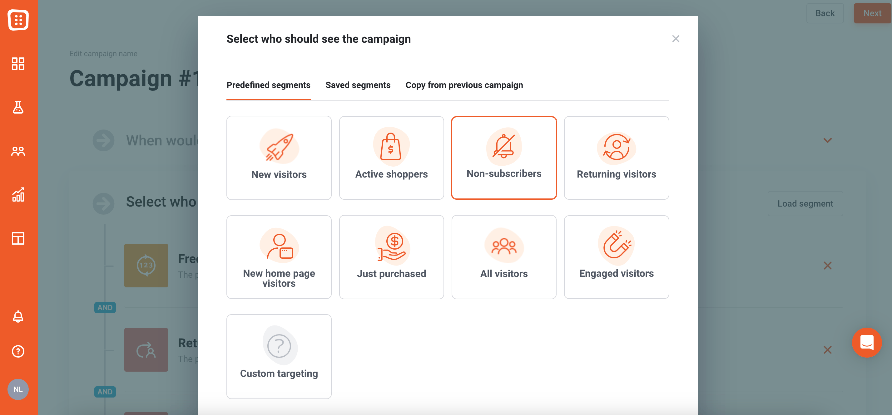 Regras de segmentação OptiMonk para selecionar quem deve ver a campanha