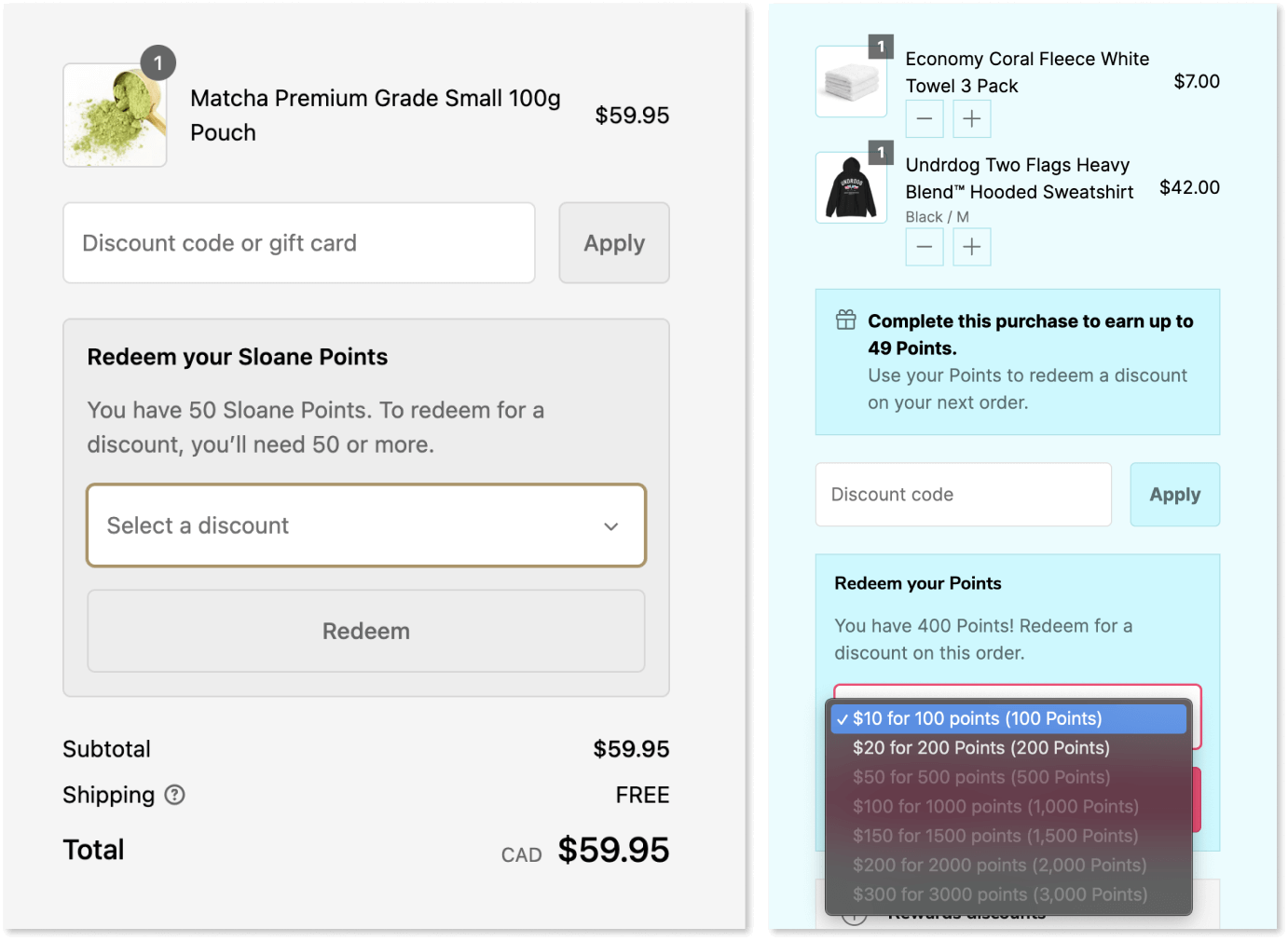 Tangkapan layar dari 2 halaman checkout Shopify dari situs e-niaga berbeda. Yang pertama menunjukkan pelanggan yang tidak memiliki cukup poin untuk menukarkan hadiah, dan ada pesan yang mengatakan: Anda harus menukarkan diskon, Anda memerlukan 50 lagi. Gambar kedua menunjukkan pelanggan yang memiliki cukup poin untuk menukarkan diskon $10 atau $20.
