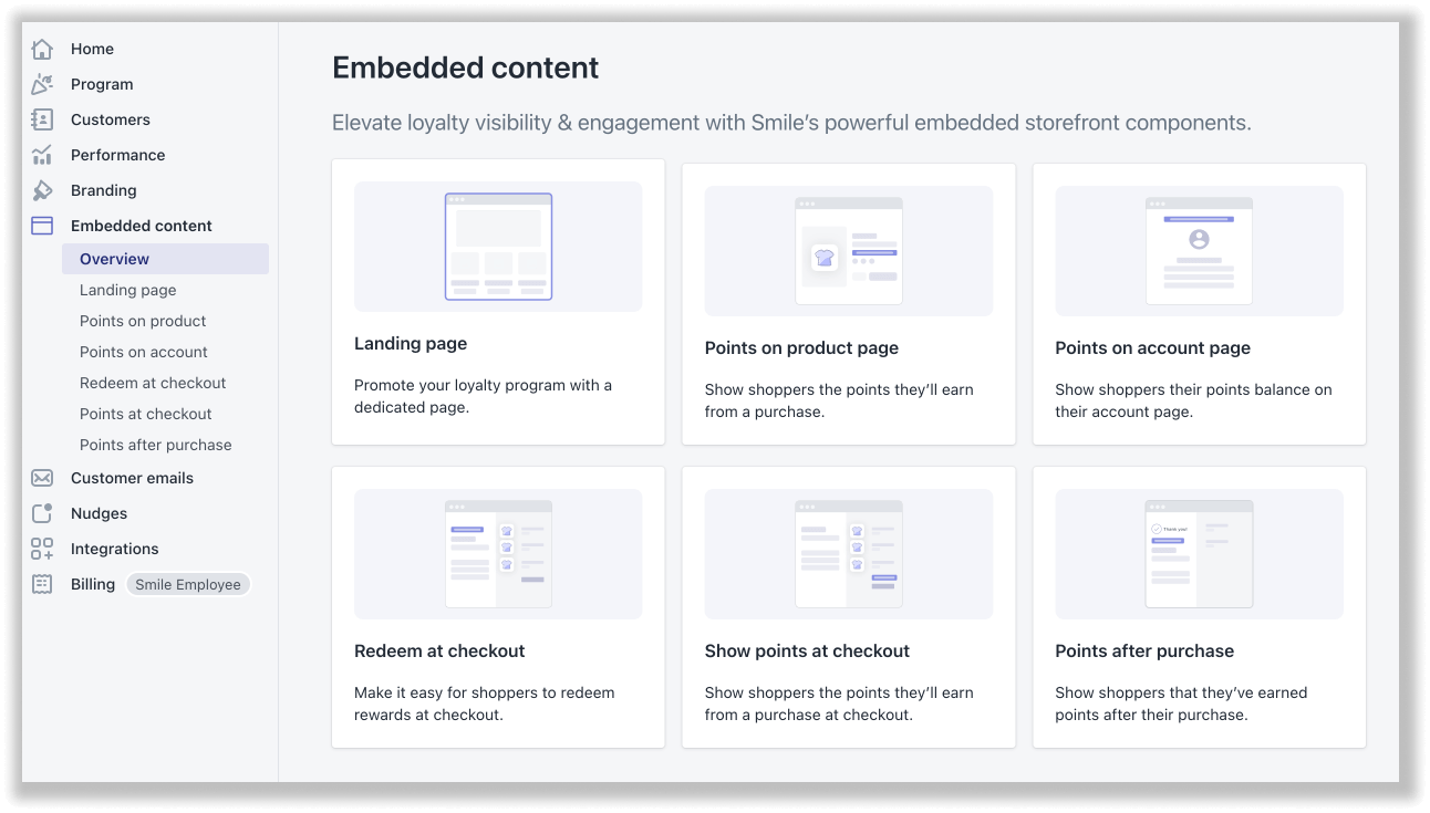 Smile.io 应用程序的屏幕截图，显示嵌入内容选项：登陆页面、产品页面上的积分、帐户页面上的积分、结帐时兑换、结账时显示积分以及购买后积分。