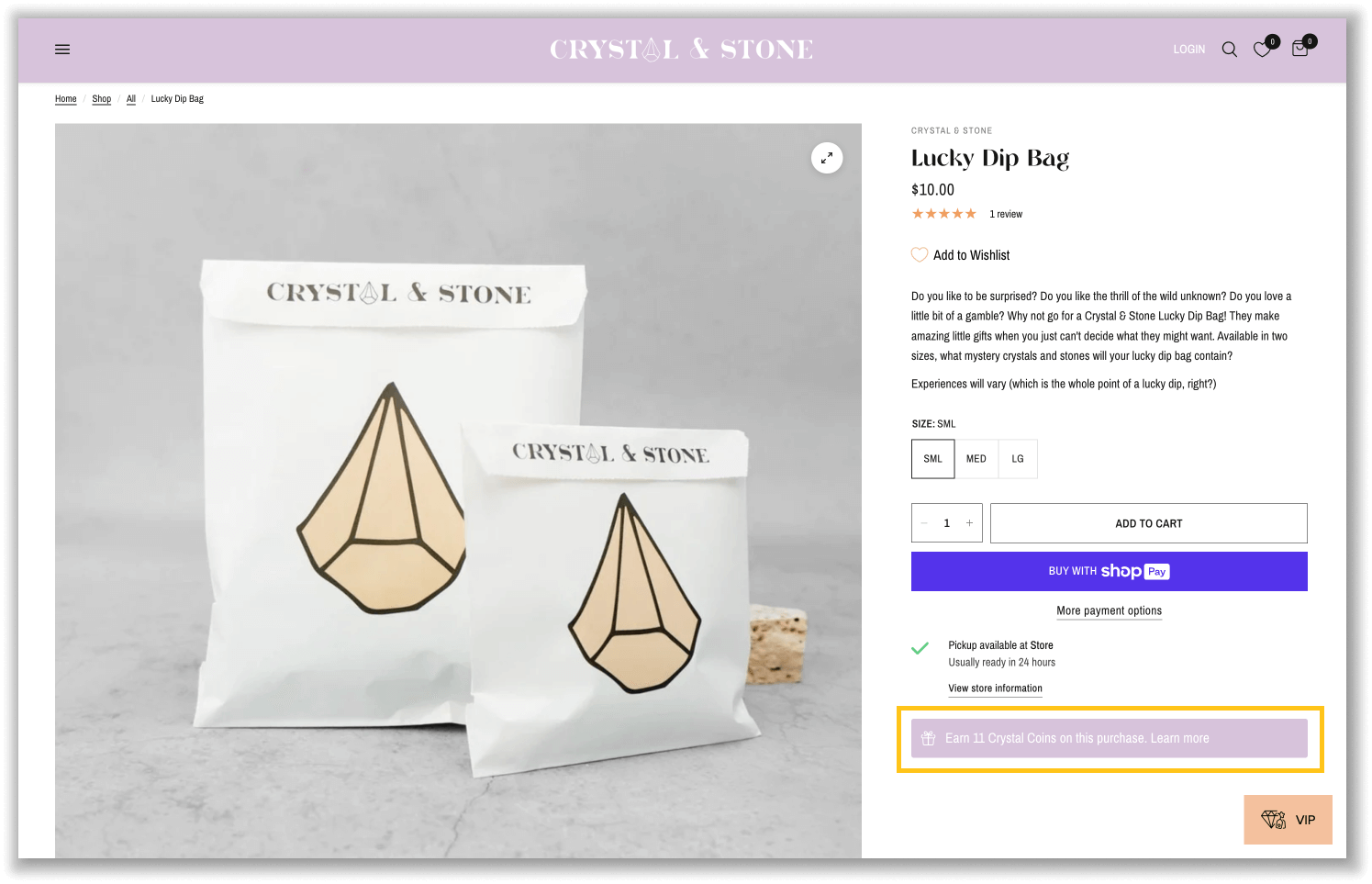 Una captura de pantalla de una de las páginas de productos de Crystal and Stone, destacando su botón de saldo de puntos, que dice: Gana 11 Crystal Coins en esta compra. Aprende más.