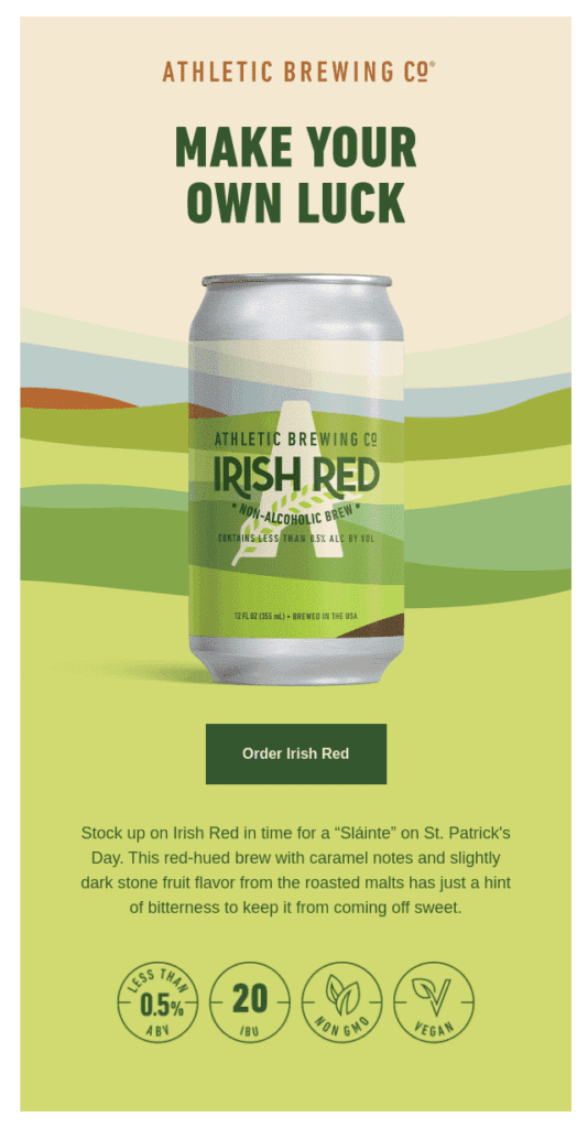 Inițiativa de marketing a Athletic Brewing Co. implică oferirea de bere cu tematică verde, numind-o: „Irish Red”.